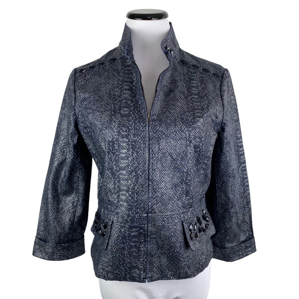E39 by Eric Snakeskin Print‎ Full Zip Beaded Blazer Jacket Women's Small Blue